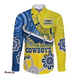 Custom Text and Number Cowboys Rugby Long Sleeve Button Shirt Aboriginal Boomerang Go Premiers North Queensland
