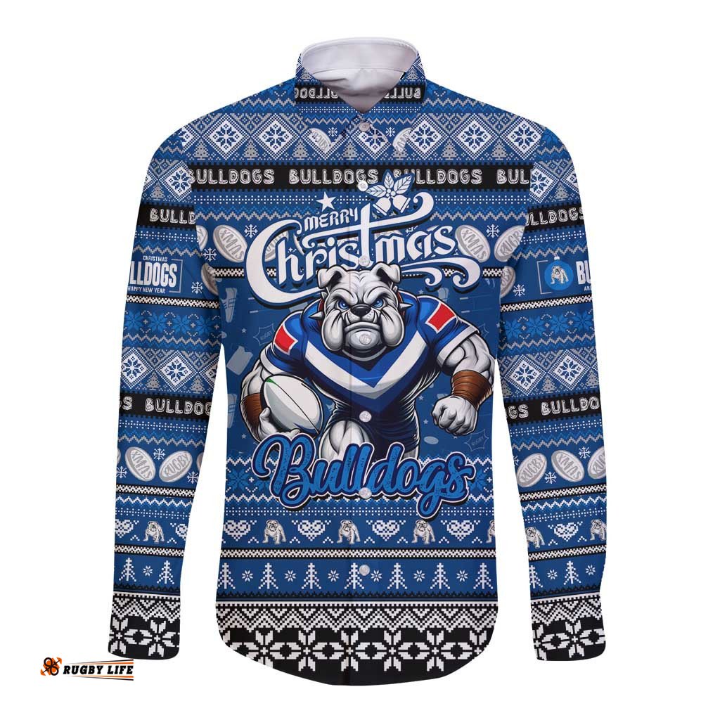 Personalized Bulldogs Rugby Xmas Long Sleeve Button Shirt Australia NRL Mascot