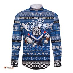 Personalized Bulldogs Rugby Xmas Long Sleeve Button Shirt Australia NRL Mascot
