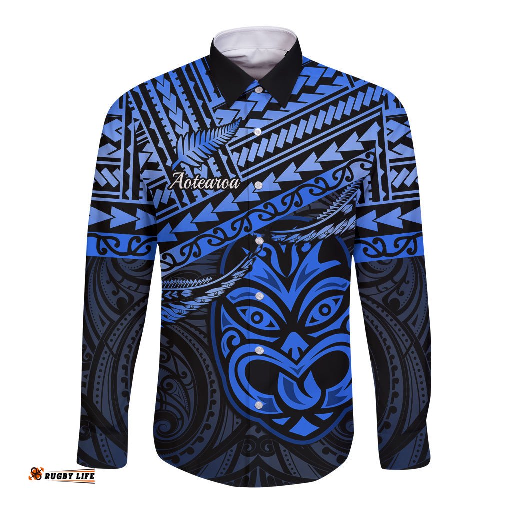 Personalised Matariki New Zealand Long Sleeve Button Shirt Maori New Year Tiki Blue Version