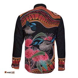 Hakea Flower And Fairy Wren Australia Long Sleeve Button Shirt Aboriginal Art