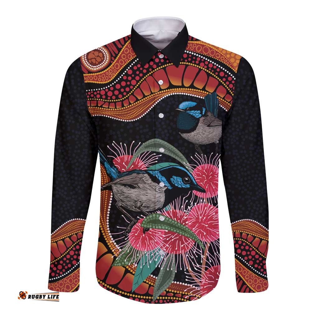 Hakea Flower And Fairy Wren Australia Long Sleeve Button Shirt Aboriginal Art
