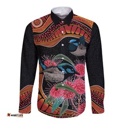 Hakea Flower And Fairy Wren Australia Long Sleeve Button Shirt Aboriginal Art