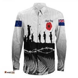 New Zealand Anzac Day Silhouette Soldier Long Sleeve Button Shirt