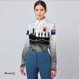 New Zealand Anzac Day Silhouette Soldier Long Sleeve Button Shirt