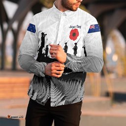 New Zealand Anzac Day Silhouette Soldier Long Sleeve Button Shirt