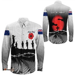 New Zealand Anzac Day Silhouette Soldier Long Sleeve Button Shirt