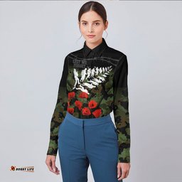 New Zealand Anzac Lest We Forget Poppy Camo Long Sleeve Button Shirt