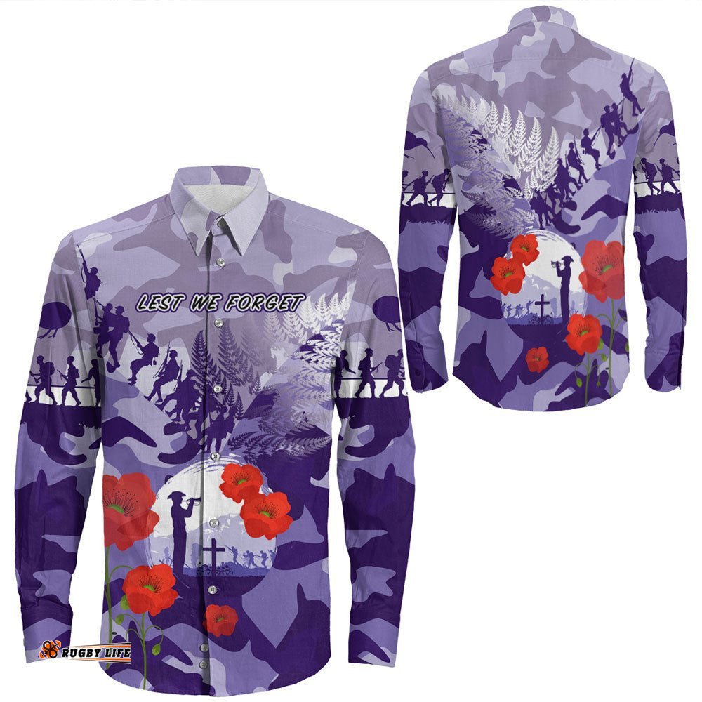 New Zealand Anzac Fern And Camouflage Long Sleeve Button Shirt