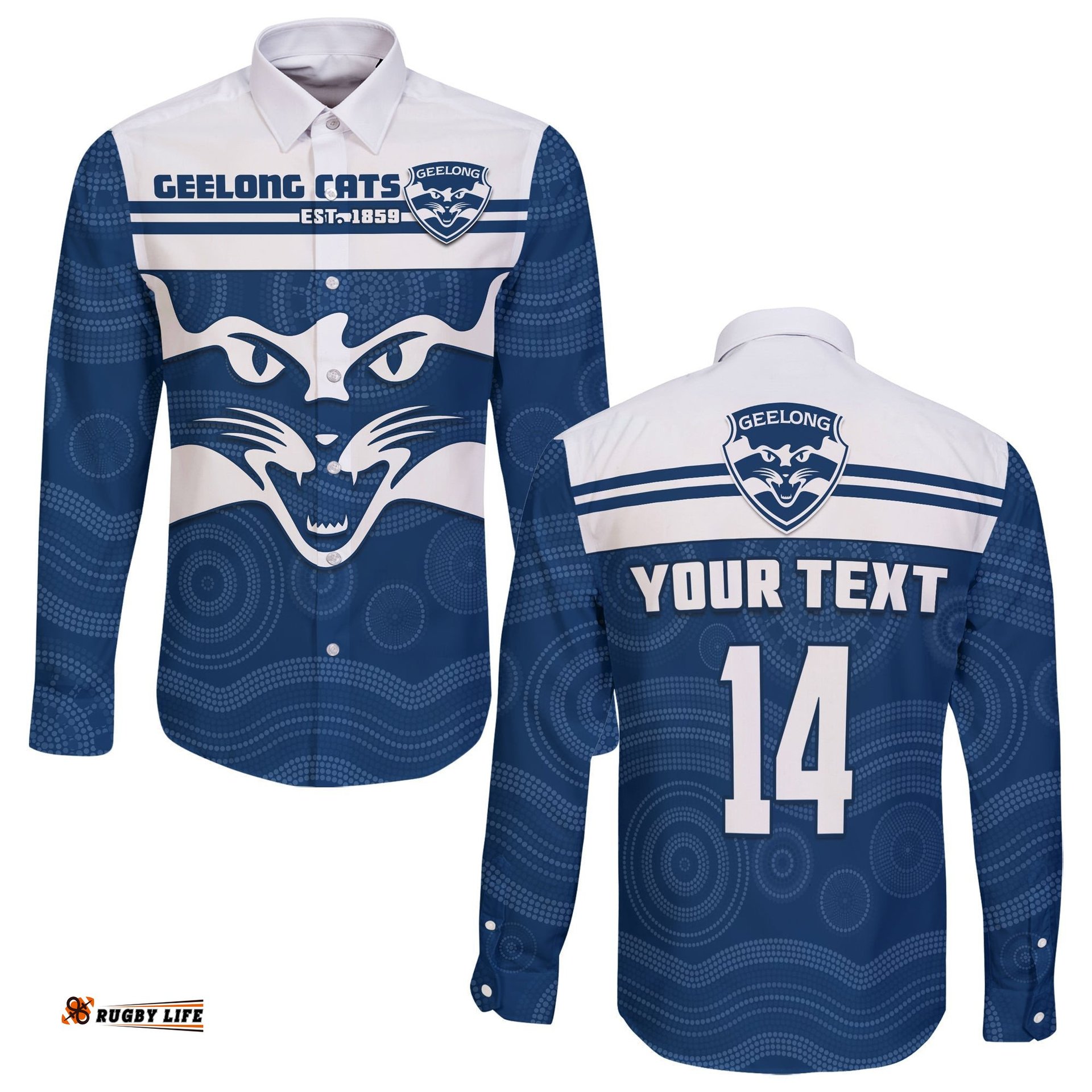 Custom Text And Number Cats Football Long Sleeve Button Shirt Geelong Est 1859 Aboriginal Art