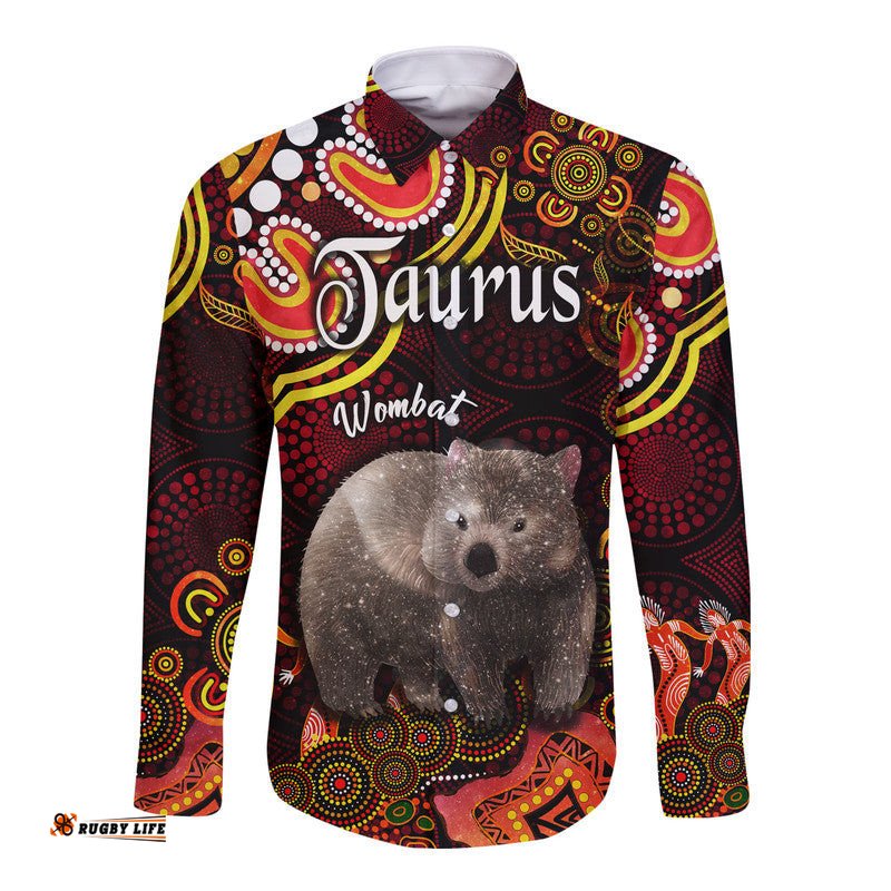 Custom Personalised Australian Astrology Hawaii Long Sleeve Button Shirt Taurus Wombat Zodiac Aboriginal Vibes Red