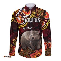 Custom Personalised Australian Astrology Hawaii Long Sleeve Button Shirt Taurus Wombat Zodiac Aboriginal Vibes Red
