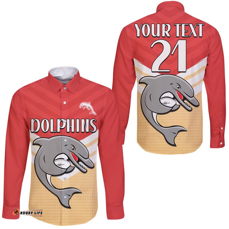 Custom Text And Number Redcliffe Dolphins Rugby Hawaii Long Sleeve Button Shirt Simple Style