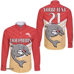 Custom Text And Number Redcliffe Dolphins Rugby Hawaii Long Sleeve Button Shirt Simple Style