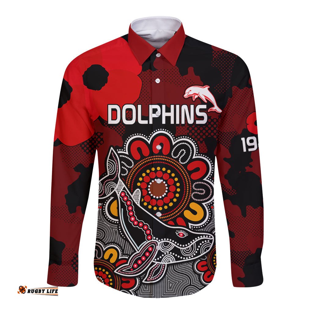 ANZAC Dolphins Rugby Long Sleeve Button Shirt Indigenous Circles and Waves
