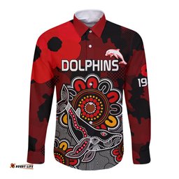 ANZAC Dolphins Rugby Long Sleeve Button Shirt Indigenous Circles and Waves