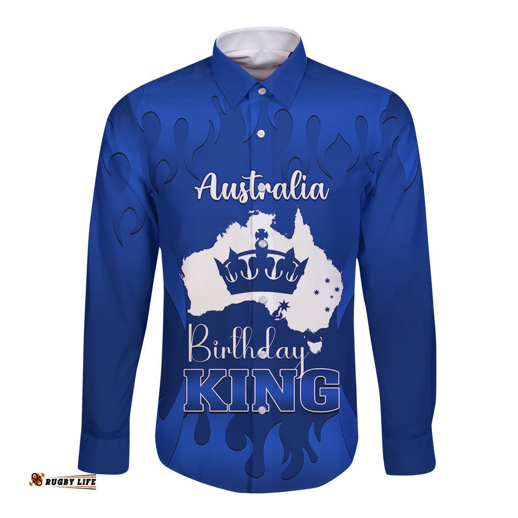 Personalised Australia King Birthday Long Sleeve Button Shirt Australian Map With Crown Blue Version