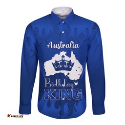 Personalised Australia King Birthday Long Sleeve Button Shirt Australian Map With Crown Blue Version