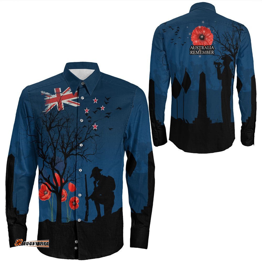 New Zealand Anzac Lest We Forget Remebrance Day Long Sleeve Button Shirt