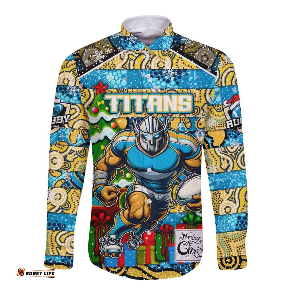 Custom Titans Rugby Merry Christmas Long Sleeve Button Shirt Indigenous Australian Art