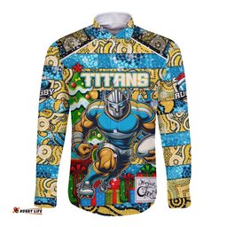 Custom Titans Rugby Merry Christmas Long Sleeve Button Shirt Indigenous Australian Art