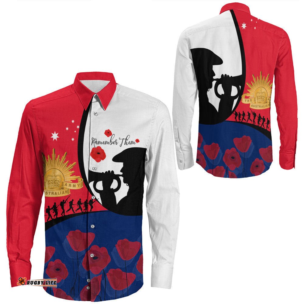Australia Anzac Day Soldier Blowing Trumpet Long Sleeve Button Shirt