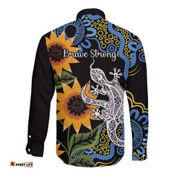 Australia Autism Awareness Long Sleeve Button Shirt Brave Strong Aussie Lizard Aboriginal Art