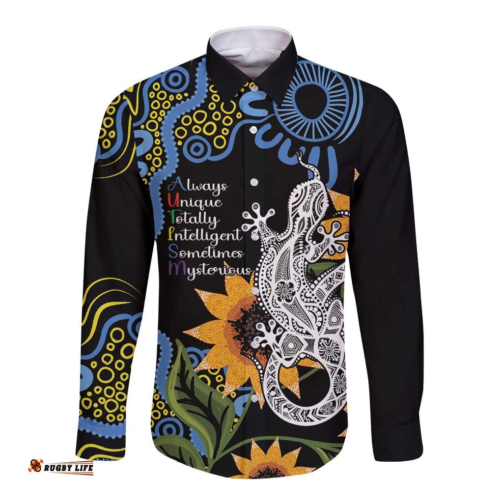 Australia Autism Awareness Long Sleeve Button Shirt Brave Strong Aussie Lizard Aboriginal Art
