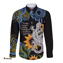 Australia Autism Awareness Long Sleeve Button Shirt Brave Strong Aussie Lizard Aboriginal Art