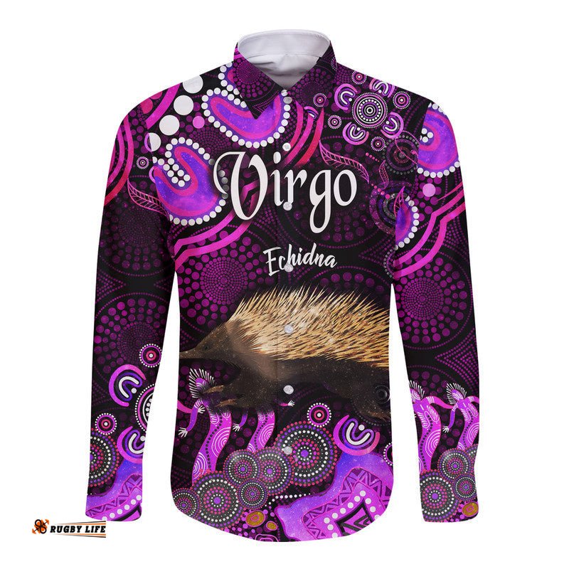 Custom Personalised Australian Astrology Hawaii Long Sleeve Button Shirt Virgo Echidna Zodiac Aboriginal Vibes Pink