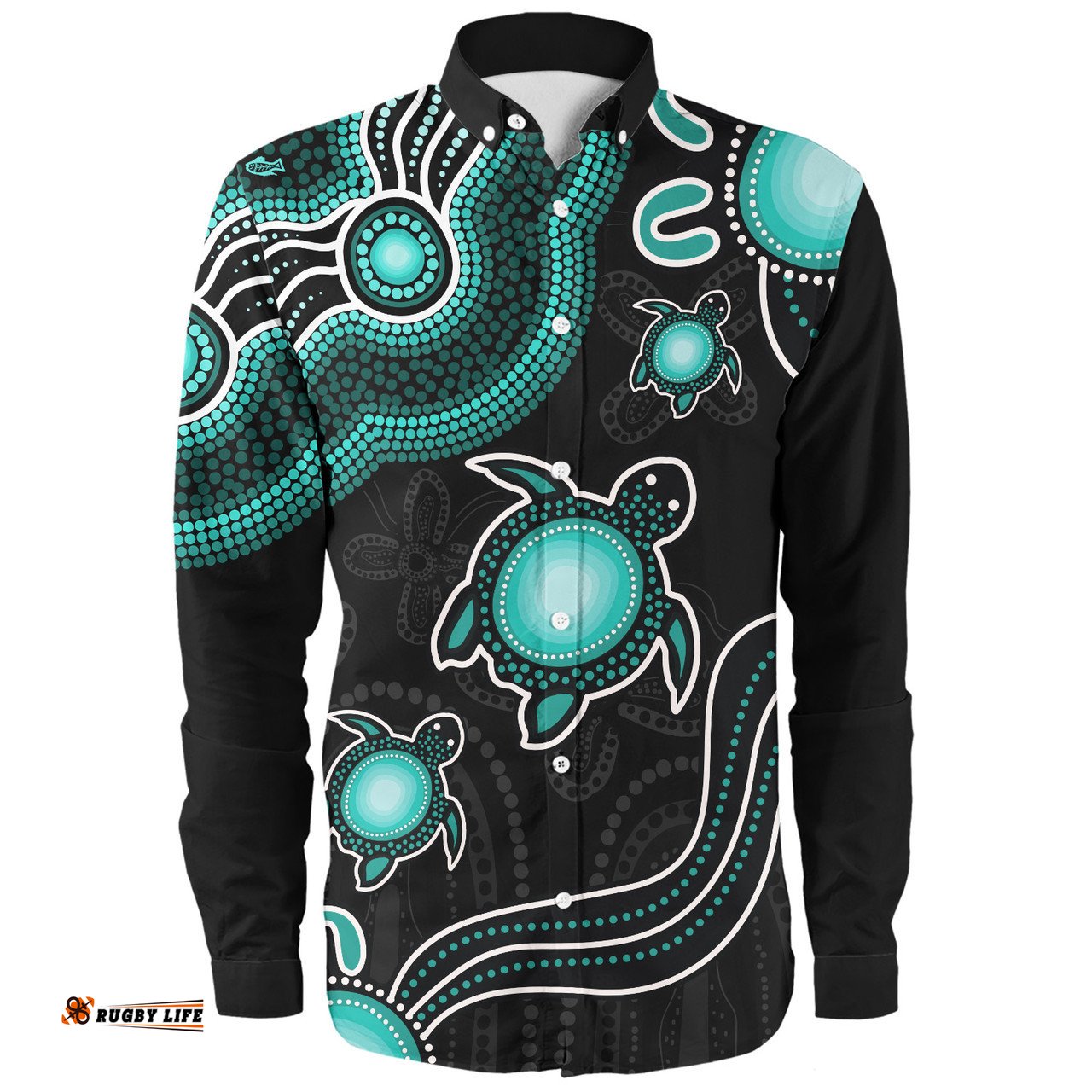 Amazing Aussie Australia Aboriginal Turtle Dreaming Journey Featuring Dot Art Turquoise Long Sleeve Shirt