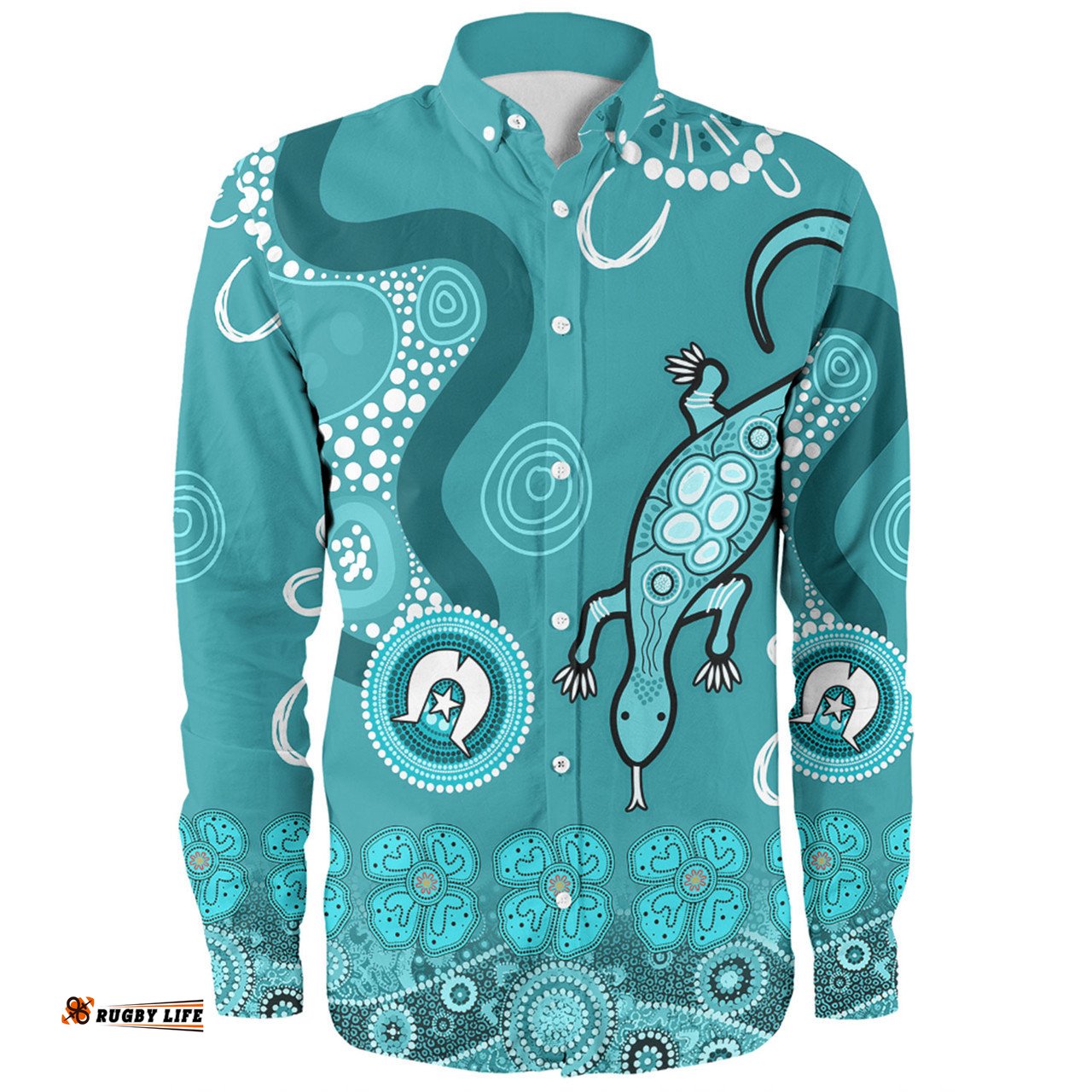 Amazing Aussie Australia Goanna Aboriginal Indigenous Dot Goanna (Teal Blue) Long Sleeve Shirt