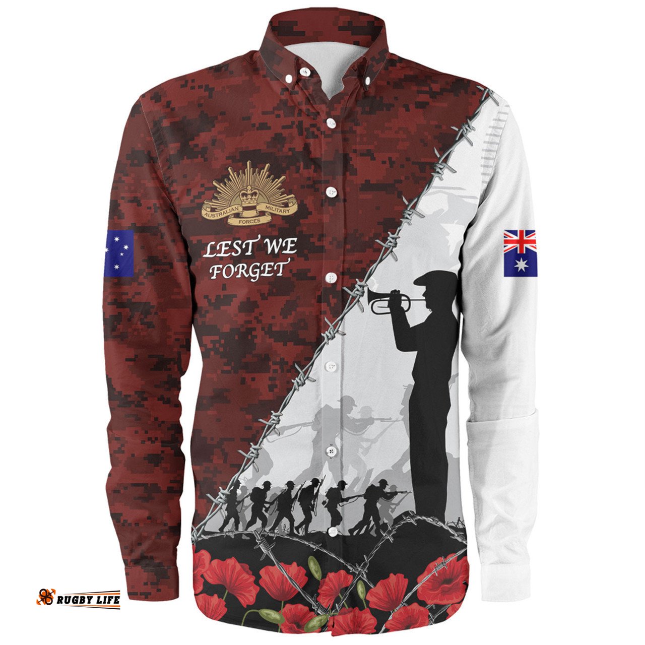 Amazing Aussie Australia Anzac Day Poppy Flower And Barbed Wire Long Sleeve Shirt