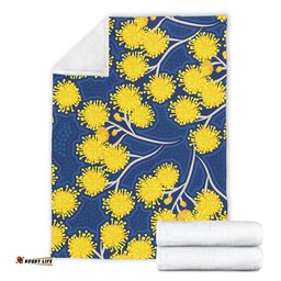 Australia Flowers Aboriginal Blanket - Yellow Wattle Flowers With Aboriginal Dot Art Blanket