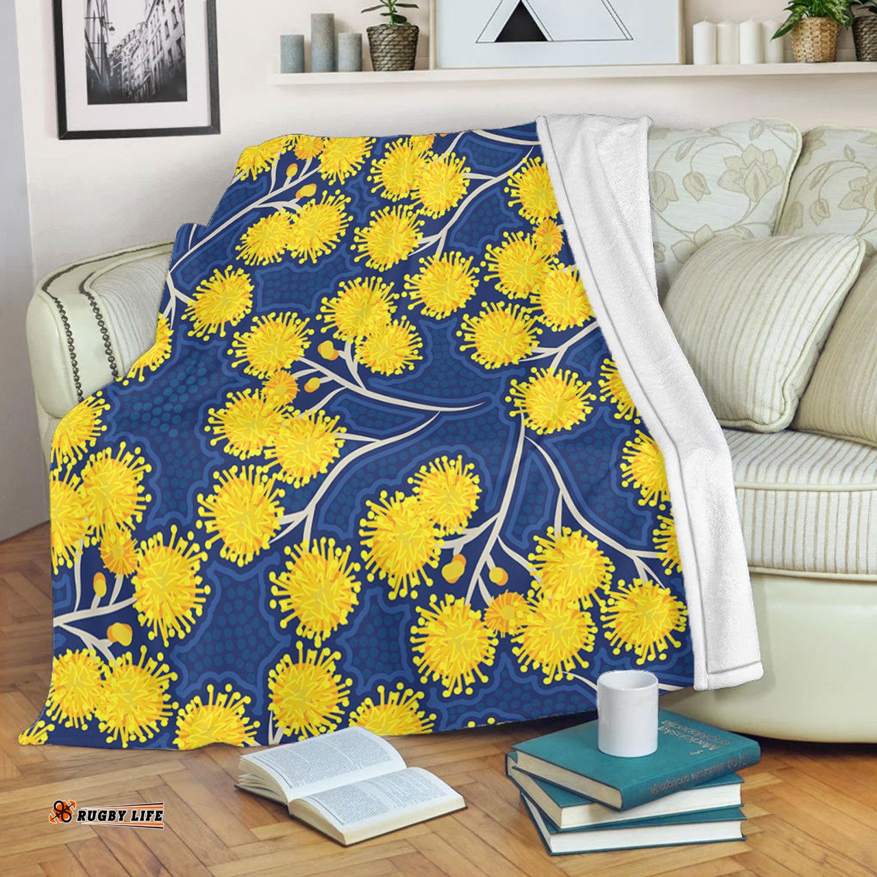 Australia Flowers Aboriginal Blanket - Yellow Wattle Flowers With Aboriginal Dot Art Blanket