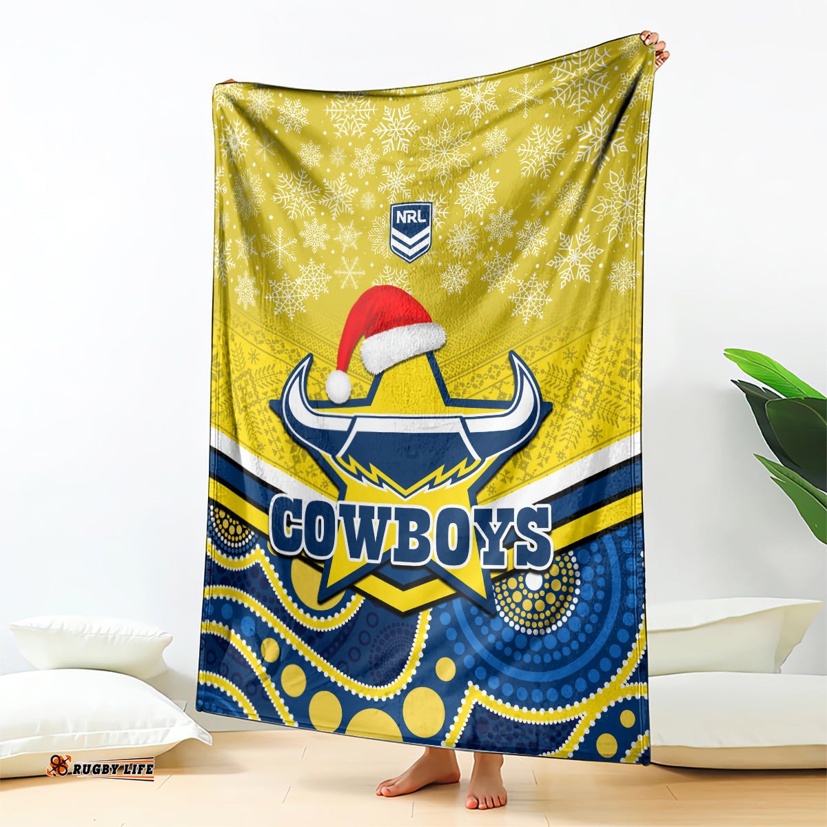 custom cowboys rugby christmas blanket merry xmas 2023 mix aboriginal art blue version