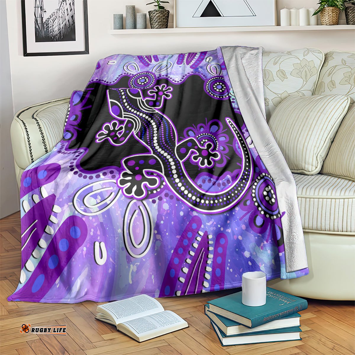Australia Opal Blanket Aussie Lizard With Aboriginal Art Purple