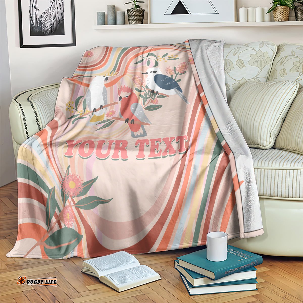 Personalised Australia Hippie Christmas Blanket Cockatoo Kookaburra with Wattle Pink Peach Style