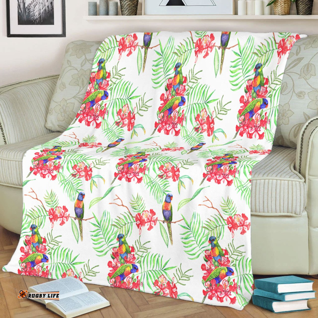 Australia Rainbow Lorikeets Blanket - Rainbow Lorikeets Colorful Tropical Exotic Flowers Blanket