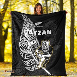 DAYZAN New Zealand Rugby Permium Blanket All Black Silver Fern Maori Pattern Version Black