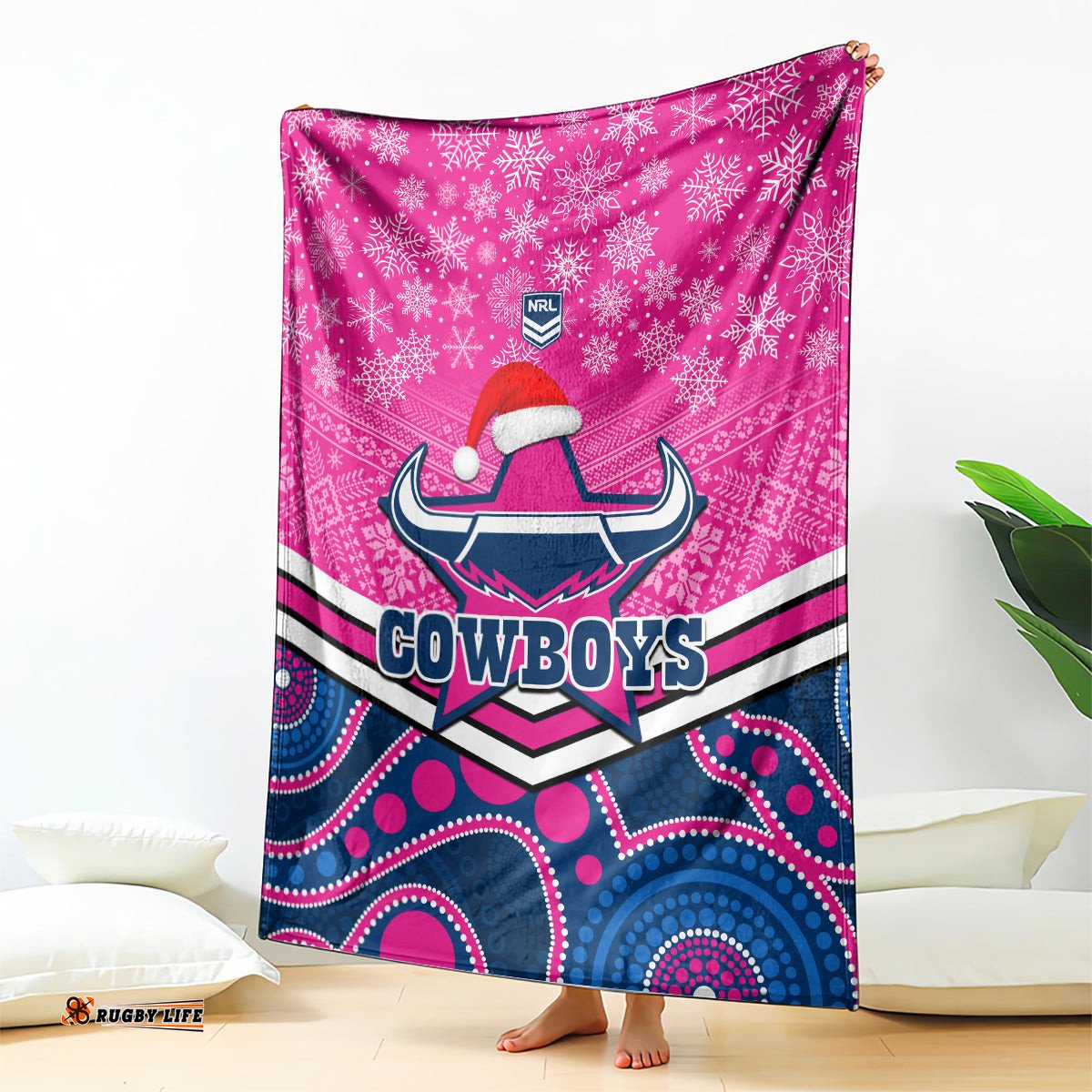 custom cowboys rugby christmas blanket merry xmas 2023 mix aboriginal art pink version