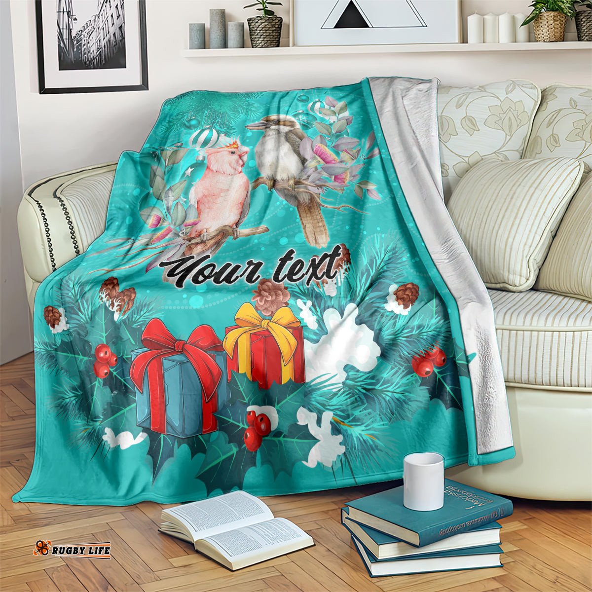 Personalised Kookaburra and Cockatoo Blanket Australia Merry Christmas Aboriginal Teal Style