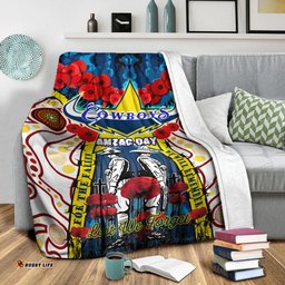 Cowboys Rugby ANZAC Day Watercolour Blanket Custom Remembrance Cowboys With Poppy Flower