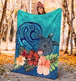 Turtle Polynesian Premium Blanket Hibiscus Polynesian Blue