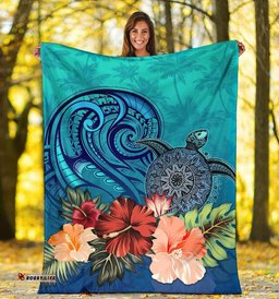 Turtle Polynesian Premium Blanket Hibiscus Polynesian Blue