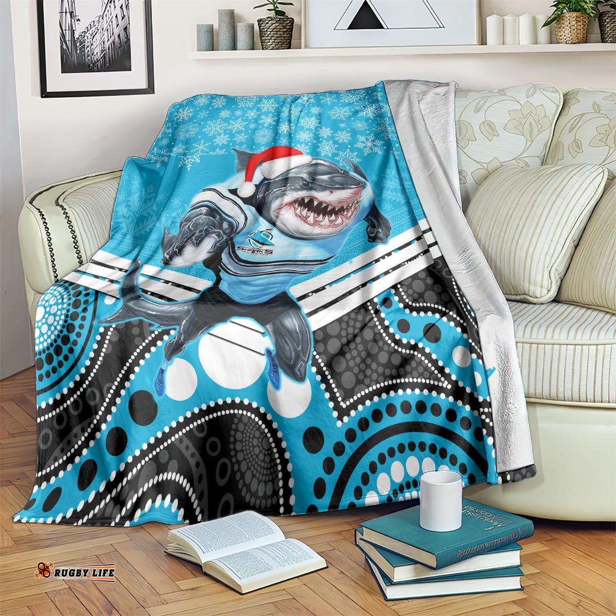 Sharks Rugby Christmas Blanket Merry Xmas Mix Aboriginal Art