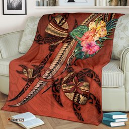 Polynesian Turtle Premium Blanket Tribal Tattoo with Hibiscus Coral