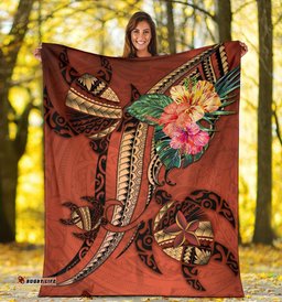 Polynesian Turtle Premium Blanket Tribal Tattoo with Hibiscus Coral