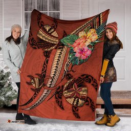 Polynesian Turtle Premium Blanket Tribal Tattoo with Hibiscus Coral