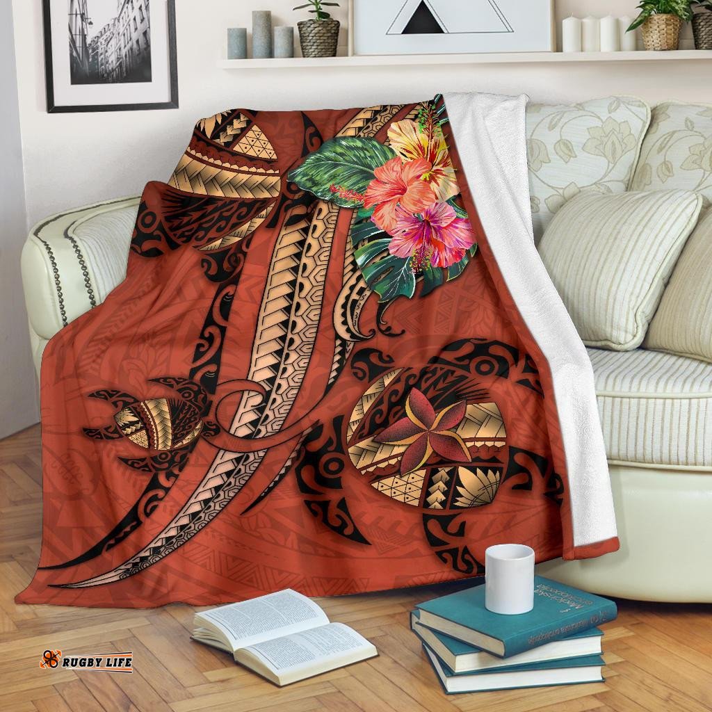 Polynesian Turtle Premium Blanket Tribal Tattoo with Hibiscus Coral